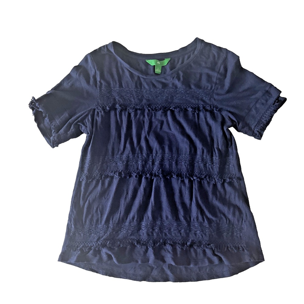 Dip Women's Size L Shirt Blouse Navy Blue Boho Fringe Maximalist 100% Cotton
